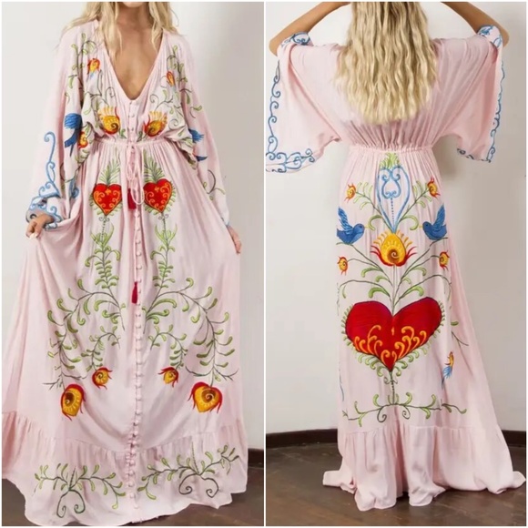 Boho Embroidered Hearts Floral Birds Long Maxi Kimono Dress - Picture 2 of 16